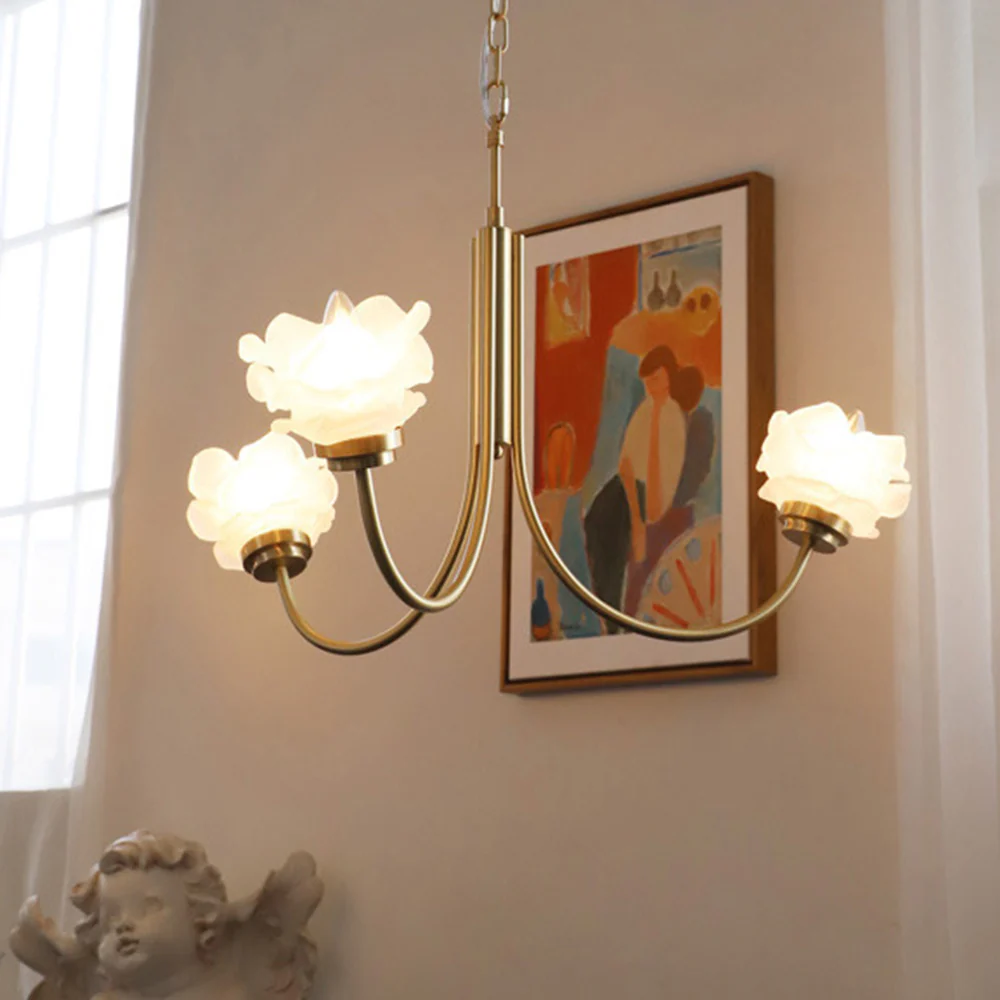 3 Heads French Simple Chandelier Vintage Rose Flower Glass Chandeliers - Image 2