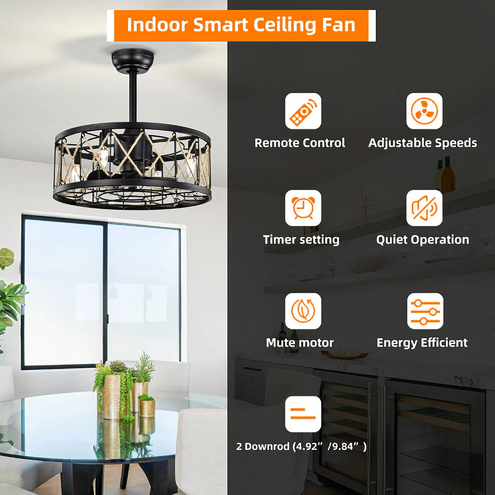 Vintage Rope Semi Flush Living Room Ceiling Fan With Light And Remote - Image 7